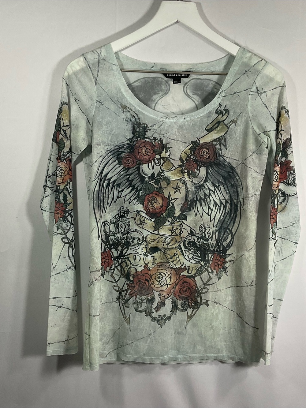 Rock & Republic Mint Graphic Long Sleeve with Rose & Wing Motif
